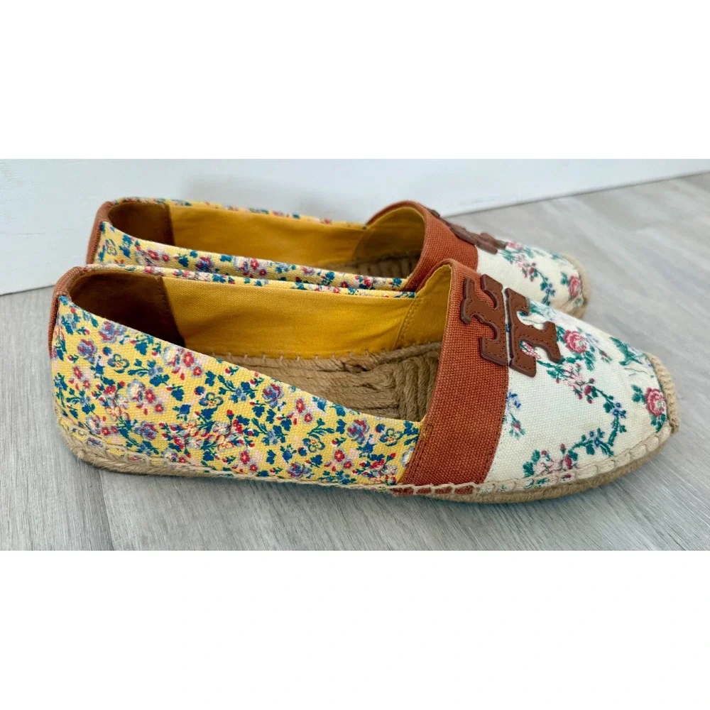 Tory Burch Floral Canvas Espadrille Flats Womens 8.5 Multi Excellent Logo SlipOn